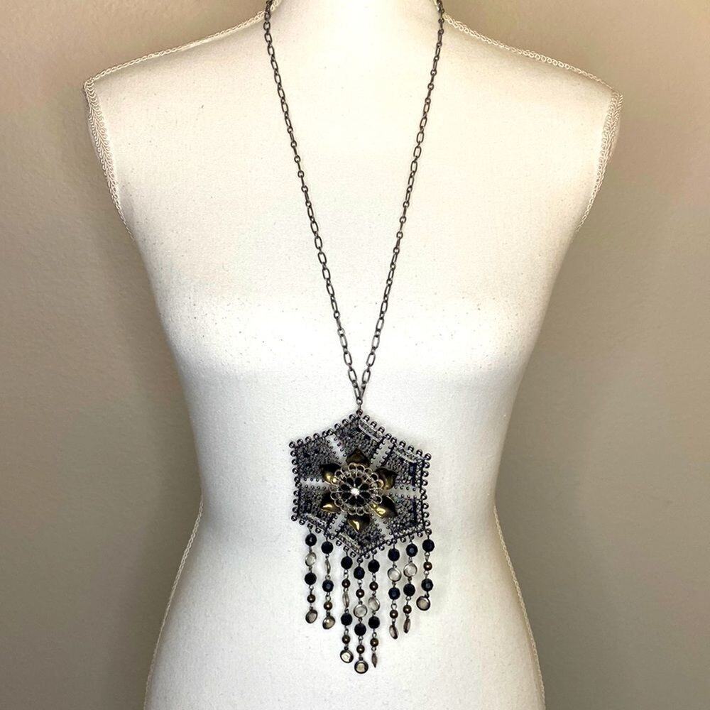 Statement Necklace Floral Metal with Dangling Bead. See video